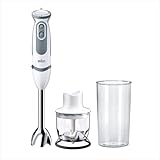 Braun Hogar Batidora de mano, 21 velocidades y función turbo, anti-salpicaduras, Powerbell Plus, 2 accesorios (mini-picadora 350 ml, vaso medidor 600 ml), Blanco, 1000 W