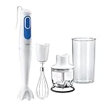 Braun Hogar Batidora de mano, 2 velocidades, campana antisalpicaduras, 3 accesorios, minipicadora 350 ml, varillas, Blanco Y Azul, 700 W